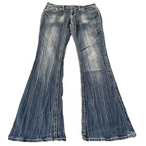 Y2K YMI Bootcut Jeans Waist 32 Blue Crinkled Chambray Low Rise Rhinestone Retro